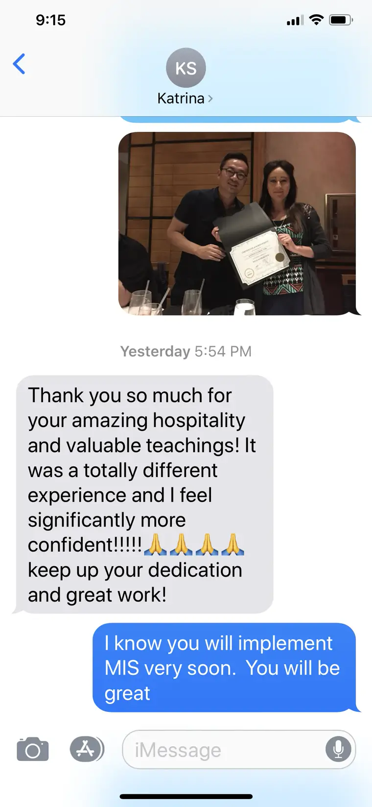 Text testimonial from a MIFAS Elite member