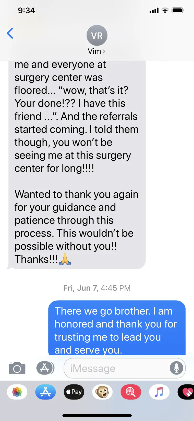 Text testimonial from a MIFAS Elite member